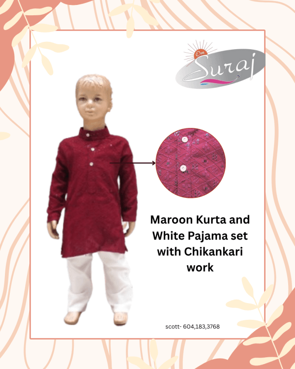 maroon kurta pajama set for boys with chikankari work