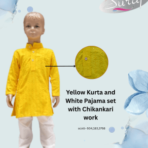 Premium Yellow Kurta Pajama Set with Chikankari Work for Kids