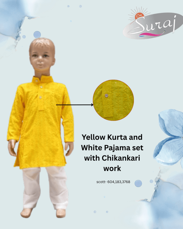 Premium Yellow Kurta Pajama Set with Chikankari Work for Kids