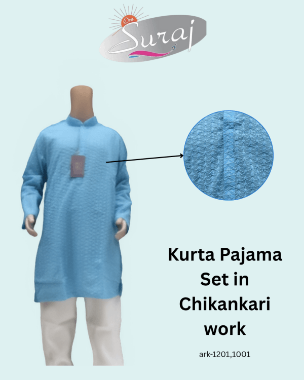 blue kurta pajama set for boys with chikankari work