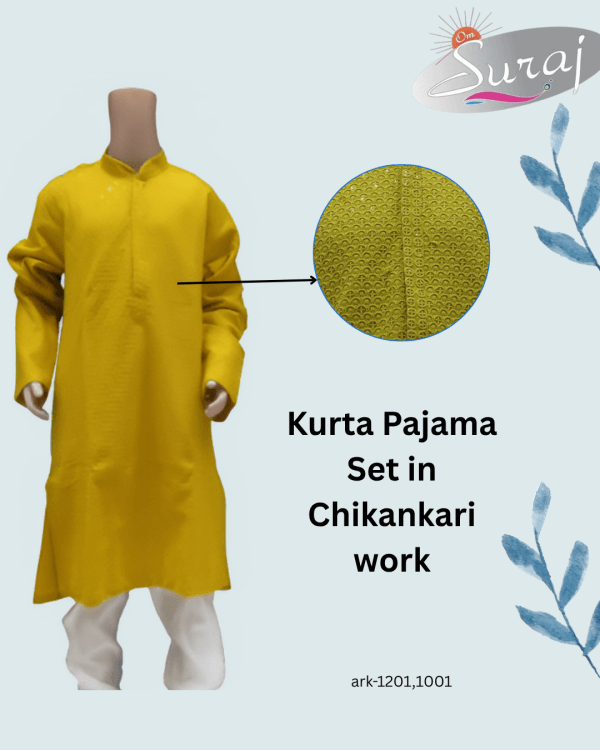 yellow kurta pajama set for boys with chikankari work